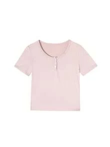 Korean Style Minimalist Button Design Short Sleeve T-Shirt For Women, Versatile Pink Casual Summer - Pink - View 5