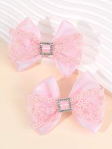 2 件装粉色和白色缎带蝴蝶结发夹，适合女孩 - 花卉刺绣薄纱蝴蝶结和方形水钻发夹，闪亮儿童发饰，优雅发夹，适合学校和派对 - 彩色 - 查看 1