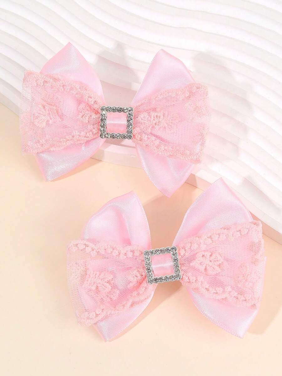 2 件装粉色和白色缎带蝴蝶结发夹，适合女孩 - 花卉刺绣薄纱蝴蝶结和方形水钻发夹，闪亮儿童发饰，优雅发夹，适合学校和派对 - 彩色 - 查看 1