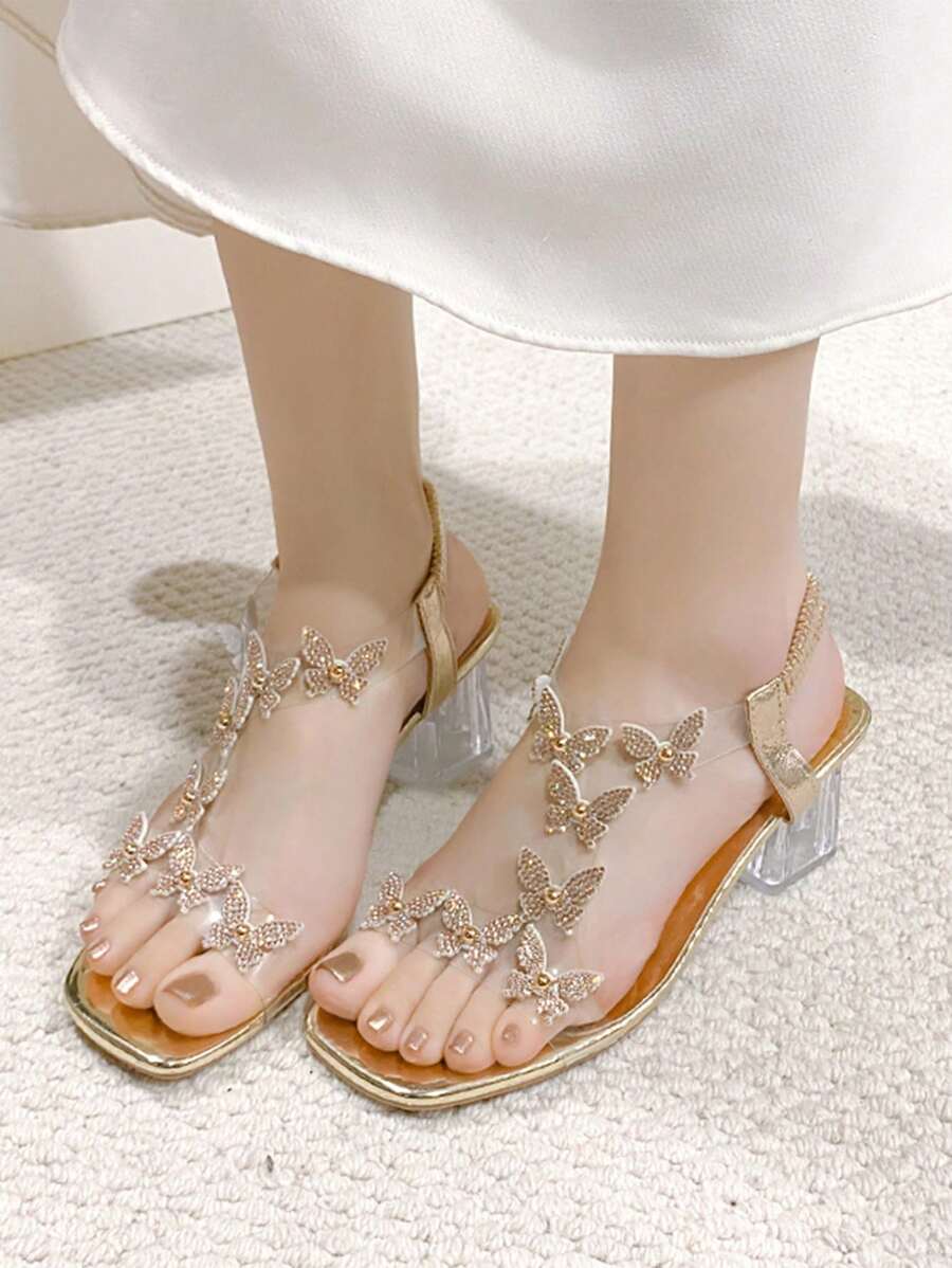 水钻蝴蝶夏季凉鞋新款女童儿童镶钻粗跟中跟仙女风格透明高跟鞋 - 金色 - 查看 1