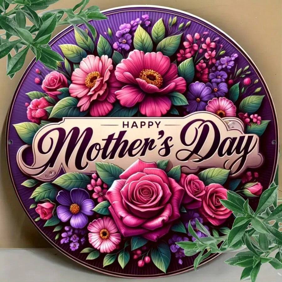1 件母亲节花卉木质墙标 - 8x8 英寸圆形木质悬挂装饰，带有“母亲节快乐”文字、鲜艳的粉红玫瑰和紫色海葵图案，非常适合家庭、农舍、门廊或卧室 - 理想的节日、送给妈妈的母亲节礼物，非常适合房间装饰