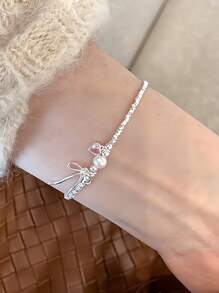 纯银甜美少女心粉色爱心蝴蝶结碎银珍珠手链日韩简约设计 - 蝴蝶結碎銀子手鍊 - 查看 6