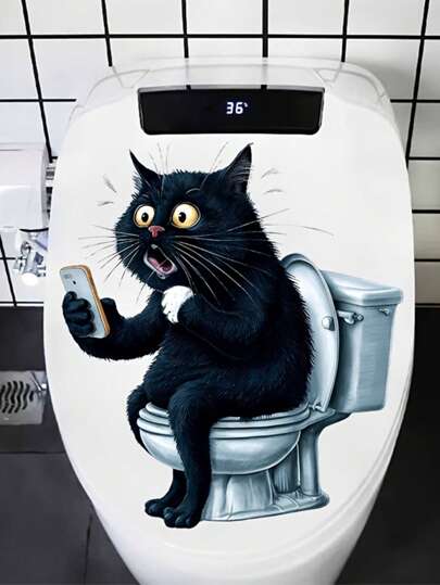 1pc Fun Cat & Phone Play Game Bathroom Sticker, "Oh, My God!" Surprised Black Cat On Toilet With Phone Decals Sticker, PVC Animal Series Bathroom Toilet Seat Decorations Decals Stickers - Waterproof ,(11.61*11.61in) For Toilet Seats And Ceramic Tank Decorations, Single Use, Asymmetrical Shape Funny Cat Theme Stickers, Wall Decal, Vinyl Decal For Home Decorations, Spring Decoration Items Refresh Your Home, Rama Decoration Stickers Home Bathroom Decor Bath Rug Floor Carpet Fall Decor Bathroom Accessories