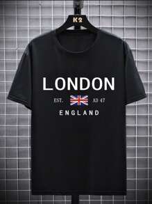 Áo thun ngắn tay cổ tròn in họa tiết London đơn giản dành cho thiếu niên, phong cách thường ngày đa năng. - màu đen - Xem 1