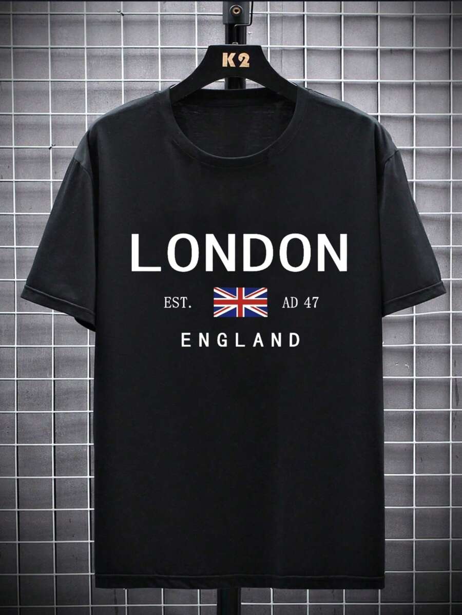 Áo thun ngắn tay cổ tròn in họa tiết London đơn giản dành cho thiếu niên, phong cách thường ngày đa năng. - màu đen - Xem 1