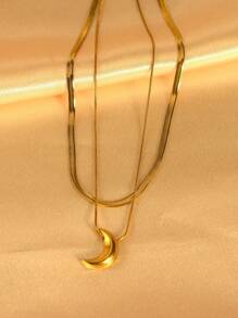 1pc Women's Necklace With Double-Layer Blade & Snake Chain, Stainless Steel Gold Crescent Pendant