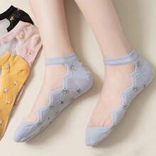 5pairs Women's Breathable Ankle Socks, Bright Floral Pattern, Comfortable Fit, Delicate Lace Detail, Perfect For Casual Wear Elevate Your Sock Style With Bright Floral Ankle Socks That Are Stylish, Breathable, And Super Comfortable - Multicolor - View 1