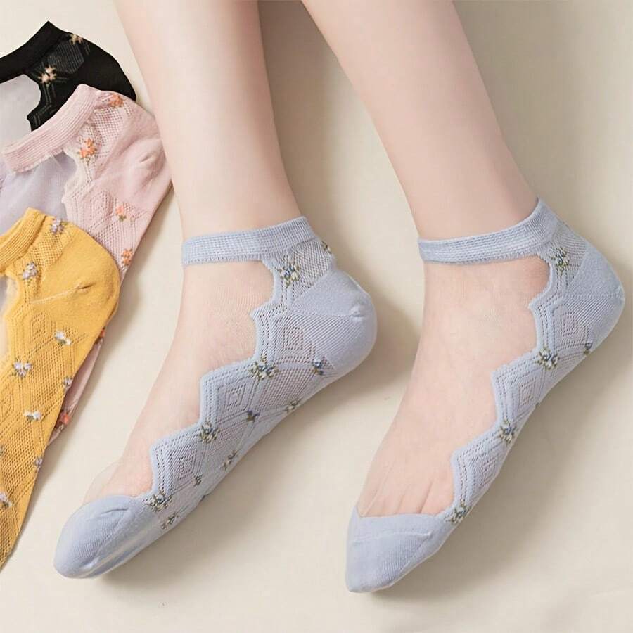 5pairs Women's Breathable Ankle Socks, Bright Floral Pattern, Comfortable Fit, Delicate Lace Detail, Perfect For Casual Wear Elevate Your Sock Style With Bright Floral Ankle Socks That Are Stylish, Breathable, And Super Comfortable - Multicolor - View 1