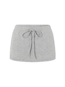 Women Drawstring Micro Skort Y2k Elastic Low Waist Bodycon Mini Skirt Mid Rise Short Sweat Skirts With Shorts - 灰色 - 查看 8