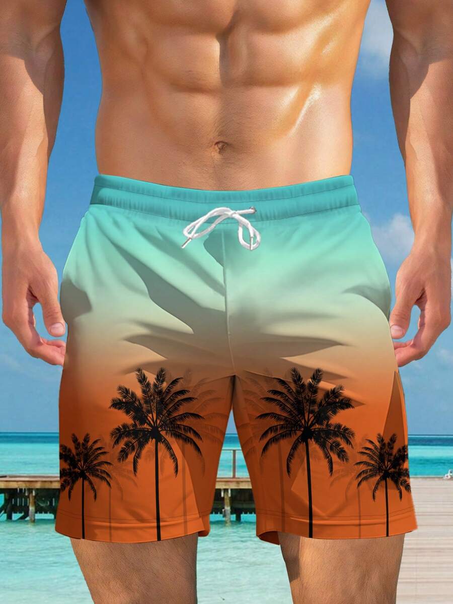 Men's 3D Palm Tree Ombre Print Hawaiian Beach Shorts,Hawaiian - Orange - View 1