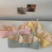 4 piezas de sujetadores push-up sexys sin costuras con pecho pequeño, sujetadores de copa gruesa para mujer y sin aro de acero, sujetadores de una pieza para niñas Shumei - Amarillo Azul Caqui Gris - Ver 3