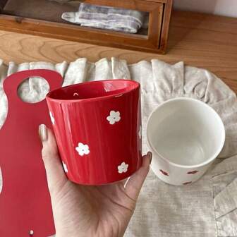 Flower Ceramic Grip Mug, Coffee Cup, Toothbrush Holder, Red Tumbler, Christmas Wedding Gift