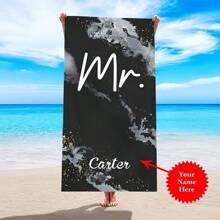1pc Personalized Mr. & Mrs. Beach Towel - Modern Microfiber Rectangular Towel, Custom Name Printing, Lightweight Absorbent Knitted Fabric, Suitable For Weddings, Anniversaries, Birthdays And More Summer Holiday Bathroom Decor Travel Essentials Travel Accessories Beach Essentials