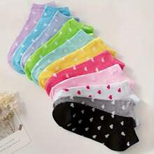 10/5 pares Calcetines cortos para mujer de colores caramelo con estampado de corazones y rayas - Mezcla de poliéster transpirable, con detalle acanalado, para uso casual y de moda