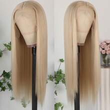 13X6 Platinum White Synthetic Lace Front Wigs 28 Inch Pre Plucked Long Straight Hair Wigs Glueless White Wigs Heat Resistant Fiber Hair Natural Halloween Wigs Platinum Blonde Lace Front Wigs For Women For Daily Christmas Party Cosplay Use - Light Blonde - 查看 5