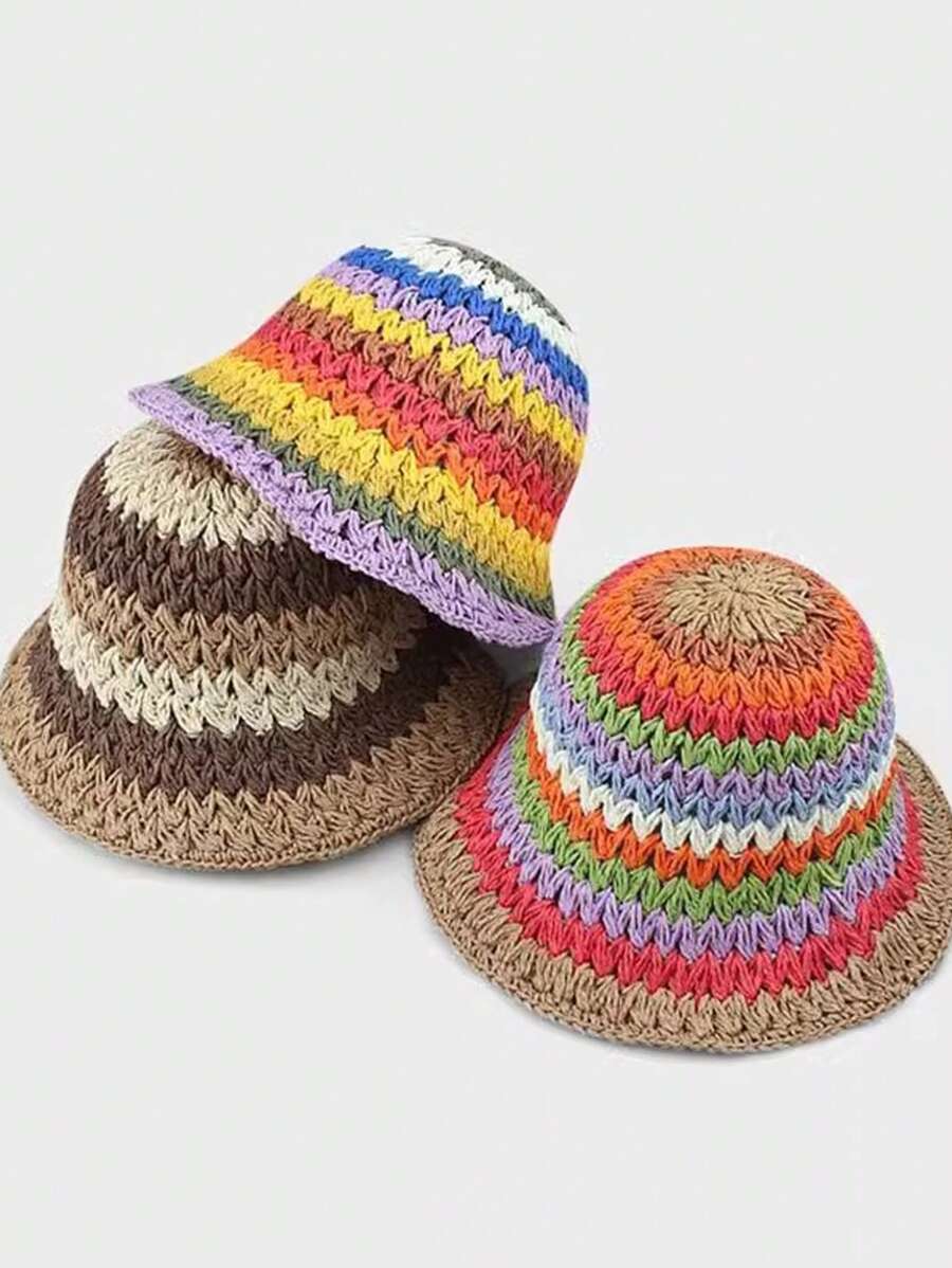 1pc Women's Colorful Rainbow Striped Foldable Bucket Hat, Casual Polyester Breathable UV Protection Summer