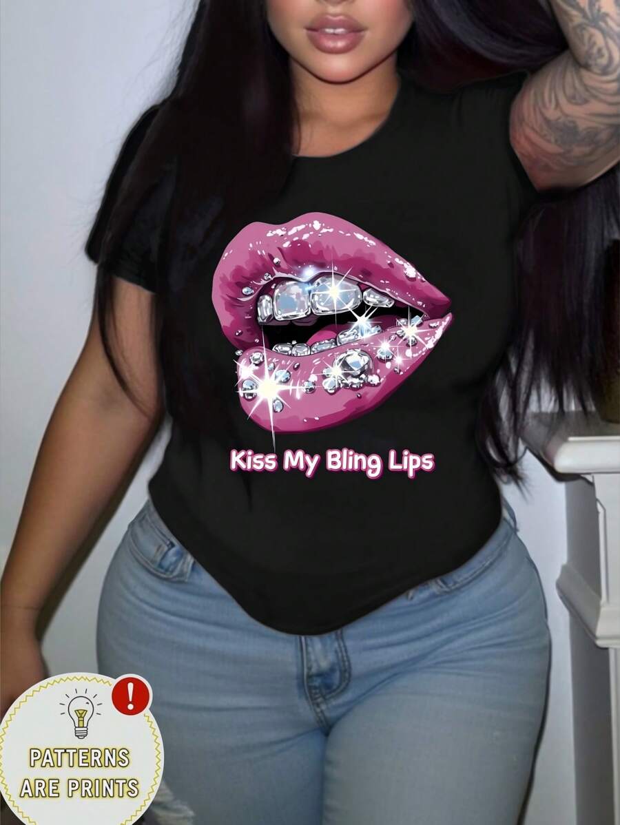 超级诱惑 Blingbling 嘴唇女士短袖圆领 T 恤，适合春夏季