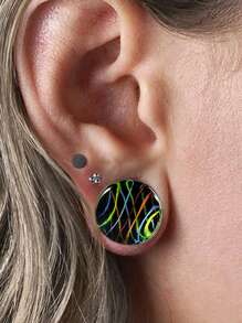 1 Pair Glass Waist Drum Ear Gauge Transparent Lines Black 8- 25mm Stretcher Expander Piercing Body Jewelry