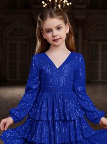 ALISA&LEO Girls' Sequin V-Neck Lantern Sleeve Layered A-Line Sheer Formal Dress, Suitable For Red Carpet, Gala, Black Tie Wedding, Awards Ceremony, Charity Ball And Other Formal Occasions - Royal Blue - View 3
