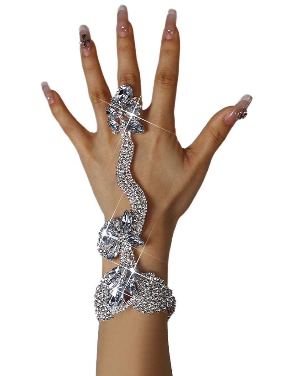 1pc Silver & Diamond Rhinestone Snake Finger Chain Bracelet, Fashion Party Jewelry - Silver - View 1