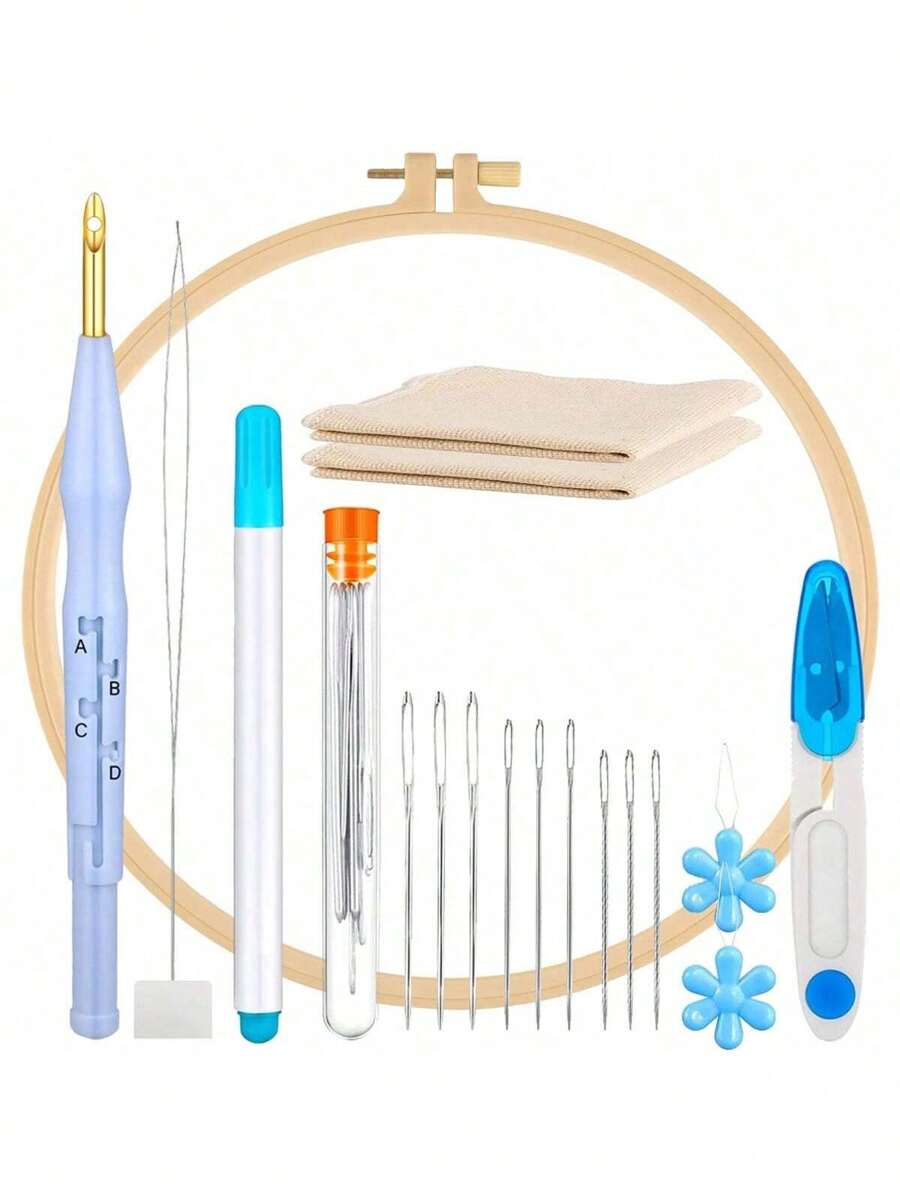 1 Set Punch Needle Kit, Adjustable Punch Needle Tool, Embroidery Pen Set, Hoops, Punch Needle Fabric, Perfect For Beginner Adults, Decorative And Gift (Random Color) - Multicolor - View 1