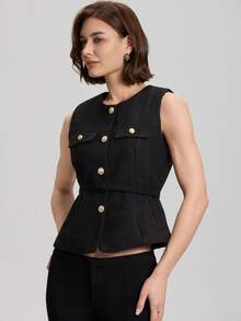 女式单排扣圆领束带纹理无袖夹克 - 黑色 - 查看 6