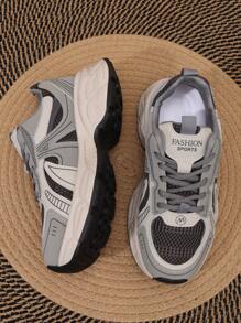 女士户外休闲圆头拼接透气网眼系带厚底运动鞋