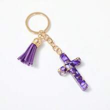 1pc Women's New European & American Style Resin Heart Cross Pendant Keychain, Shiny Cross Tassel Charm Accessory, Simple Backpack Hanging Ornament, Small Gift - Multicolor - View 5