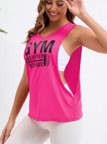 New Season Women's Fitness T-Shirt, Fashion Letter Graphic Printed Athletic Tank Top, Workout Racerback Top, Pink Gym Training Tops - Hot Pink - View 4