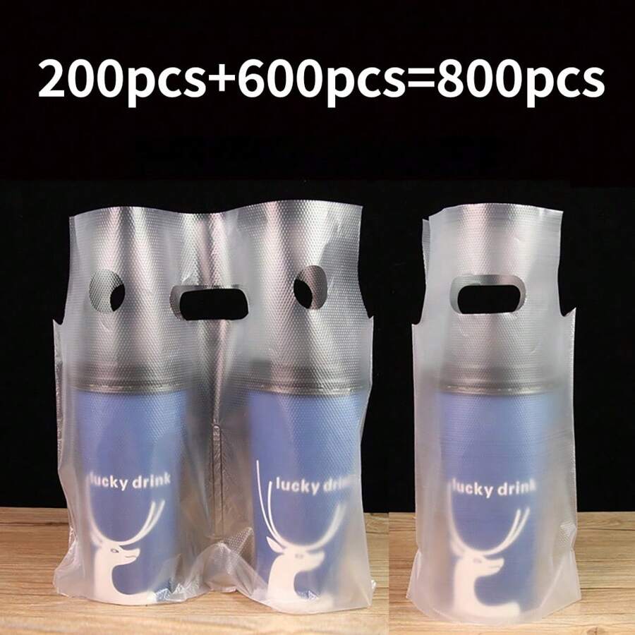 800Pcs 700ML (1-Cup 6.3x11in) (2-Cup 12.6x11in) Frosted Clear Handle Drinking Poly Bags Milk Tea Packing Bag Plastic Packaging Bags For Food/Drink/Coffee Delivery Portable Take Out Bags For Coffee Shop/Restaurants/Bar Takeaway Bag Packing Bag - 白色 - 查看 1