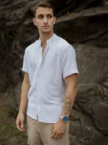 Men's Short Sleeve Shirt With Priest Collar Elegant Casual Party Work - MultiWarna - View 4