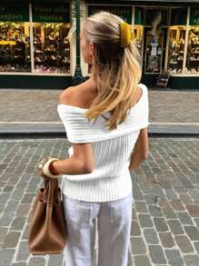 春夏新款白色露肩短款针织上衣女修身休闲罗纹J领时尚优雅通勤风毕业季 - 白色 - 查看 3
