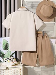 2pcs Casual Outdoor Wear Summer Set For Young Boys, Includes Plaid Polo Collar Shirt With Button Closure And Elastic Waist Plain Simple Straight Shorts, Suitable For Daily Life, Travel, Beach - Khaki - View 2