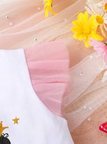 Vestido de niña pequeña para verano, con estampado de niñas de baile, parche de malla con volantes