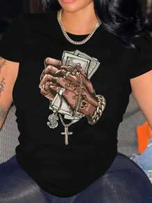 Plus Size Women's Round Neck Drop Shoulder Short Sleeve Casual Graphic Print T-Shirt - Black - View 1