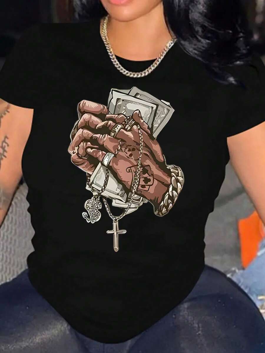 Plus Size Women's Round Neck Drop Shoulder Short Sleeve Casual Graphic Print T-Shirt - Black - View 1