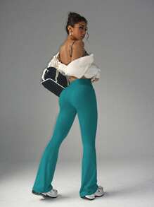 FWH 时尚休闲简约提臀蜜桃臀时尚优雅街头复古显瘦低调奢华拉长腿部线条经典简约高端显瘦高腰百搭喇叭裤新款欧式束腰健身阔腿瑜伽裤紧身裤 - 綠色 - 查看 6