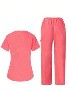 Ensemble uniforme de Top à poche col V manches courtes couleur unie et pantalon pour femmes