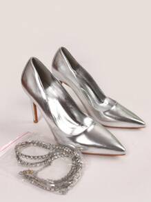 Stellameli Classic Pumps In Pu With 9.5 Heel With Removable Rhinestone Strap Stylish High Heels - Silver - View 2