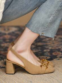 女士包头粗跟凉鞋，法式高跟便鞋，春夏季 - 杏色 - 查看 4