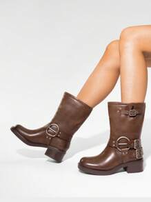 Women's Motorcycle Boots Buckle Decoration Chunky Western Cowboy Slip-On Fashionable Square Toe Combat Riding Mid-Calf Christmas Black Winter Boots - Brown - View 9