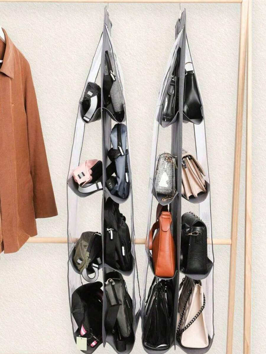1pc 6/8 Grid Bag Storage Hanging Bag Wardrobe Dormitory Hanging Household Rack Layered Bag Rack Shoulder Bag Storage Bag - Grey - View 1