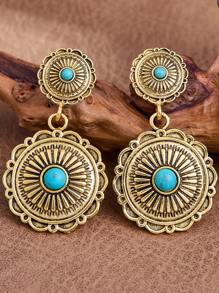 MONLOTTI Retro Cowgirl Western Totem Engraved Geometric Patchwork Vintage Golden Earrings, High Quality Boho Turquoise Jewelry For Women, Suitable For Daily, Festival, Party Wear, All-Occasion Outfit