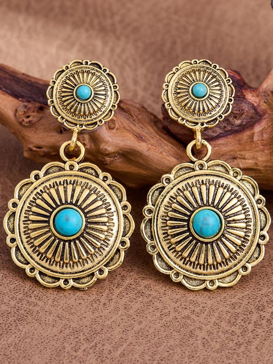 MONLOTTI Retro Cowgirl Western Totem Engraved Geometric Patchwork Vintage Golden Earrings, High Quality Boho Turquoise Jewelry For Women, Suitable For Daily, Festival, Party Wear, All-Occasion Outfit