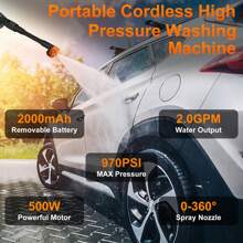 Cordless Pressure Washer' 970PSI Portable Pressure Washer' High Power Handheld Washer With 6-In-1 Adjustable Nozzle' 24V 2000 MAh Battery For Car' Floor' Garden