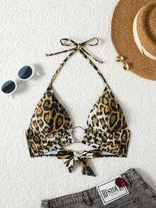 Women's Leopard Print Hollow Out Boho Style Beach Bikini Top With Ring Decor, Vacation Casual - Multicolor - View 2
