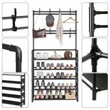 Space-Saving 5-Tier Metal Shoe & Coat Rack - Heavy-Duty 3-In-1 Organizer With 8 Hooks For Hallway, Entryway & Small Spaces, SpringCleaning - Black - View 9