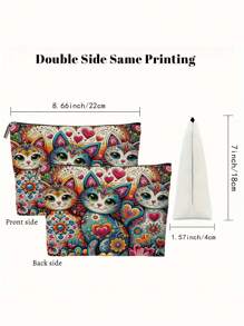 1 件小鸡波西米亚猫印花零钱包拉链化妆包女士女孩礼物隐形拉链，适用于假日海滩、浴室收藏、卧室收藏，大容量