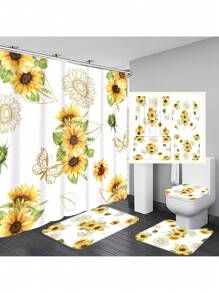 1pc/4pcs Floral Print Multipurpose Bathroom Decor Set Includes: Waterproof Shower Curtain With 12 Hooks, Bathroom Anti-Slip Mat, U-Shaped Toilet Mat, Round Toilet Lid Mat - Suitable For All Bathroom Scenes Back To School