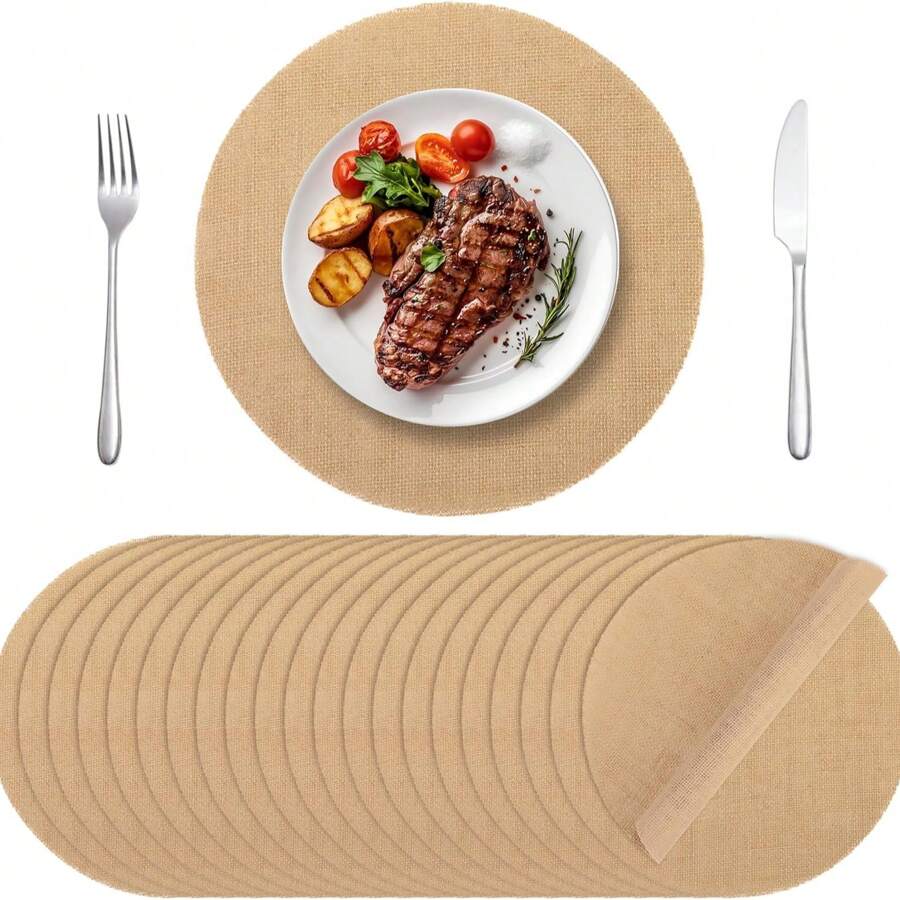 4pcs/Set 32*32cm Round Placemats, Natural Jute Burlap Material, Kitchen Tabletop Decor, Suitable For Events Party, Birthday, Wedding, Christmas, New Year - Khaki - View 1